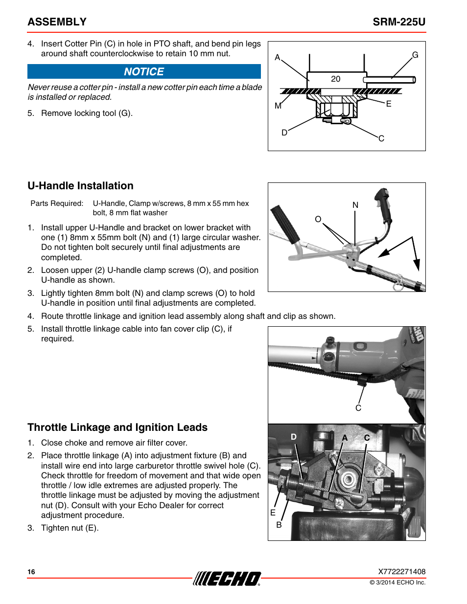 U-handle installation, Throttle linkage and ignition leads, Assembly srm-225u | Echo SRM-225U Serial S79012004906 - S79012999999 User Manual | Page 16 / 40
