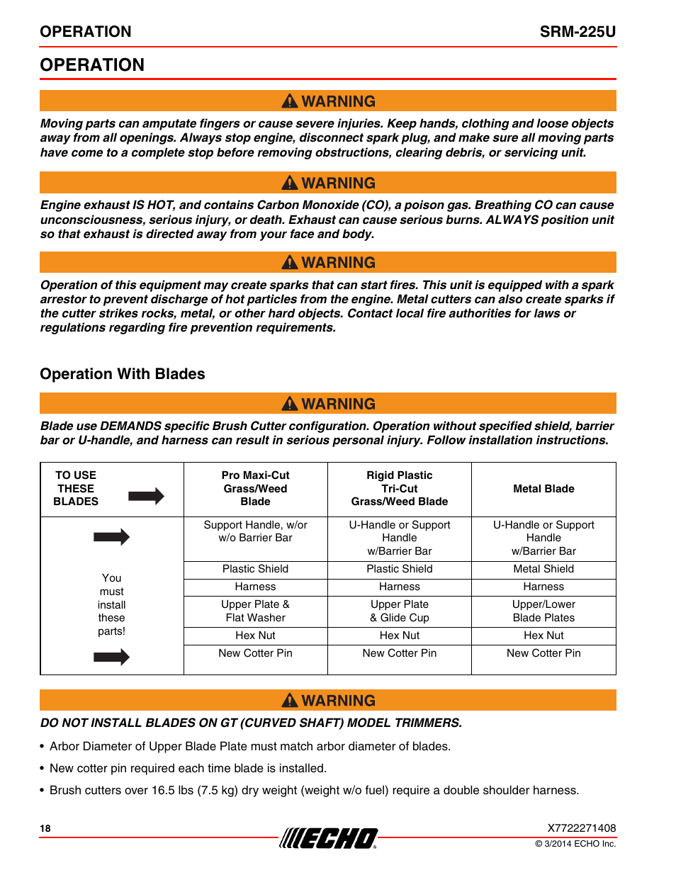 Operation, Operation with blades, Operation srm-225u | Echo SRM-225U Serial S79012004906 - S79012999999 User Manual | Page 18 / 40