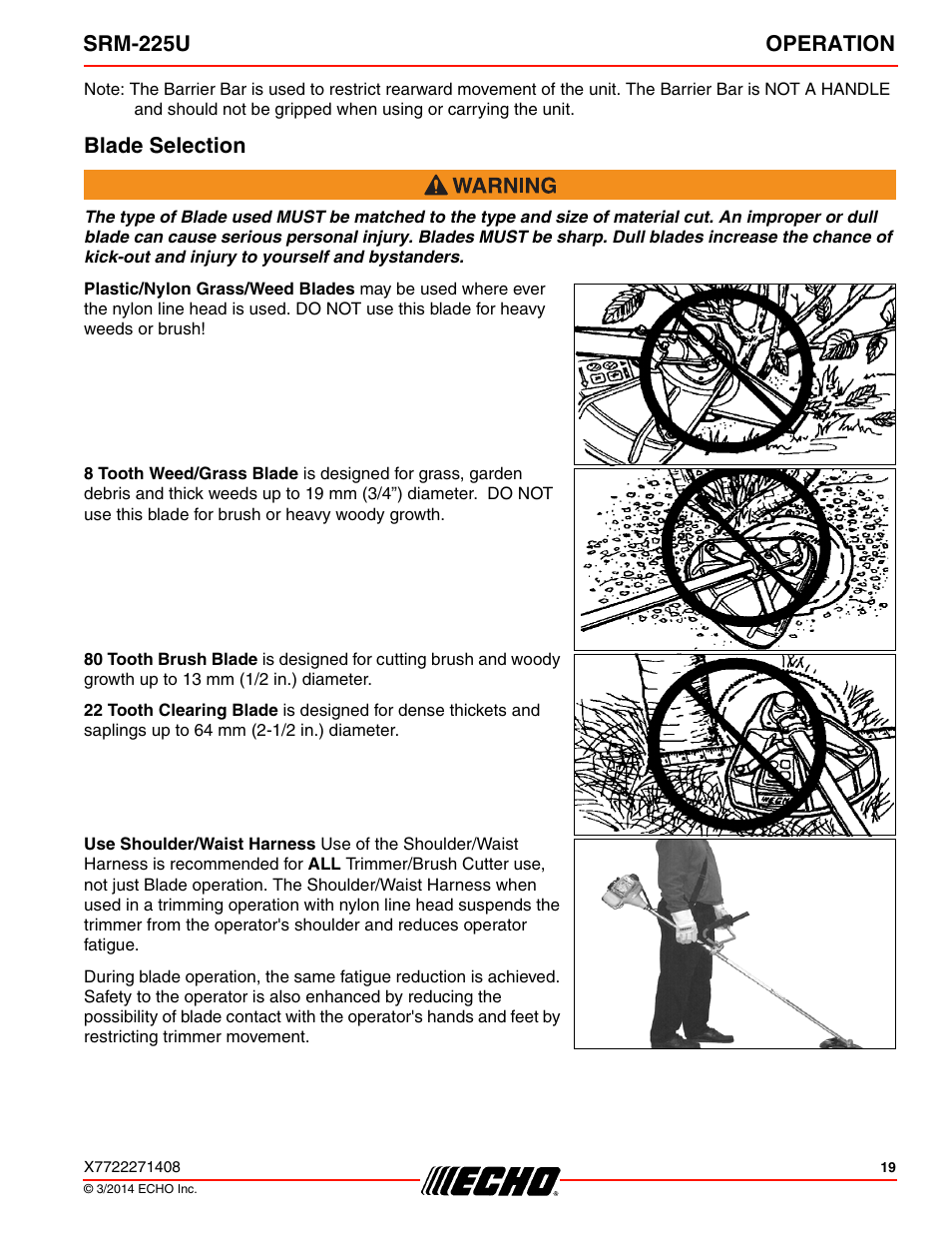 Blade selection, Srm-225u operation | Echo SRM-225U Serial S79012004906 - S79012999999 User Manual | Page 19 / 40