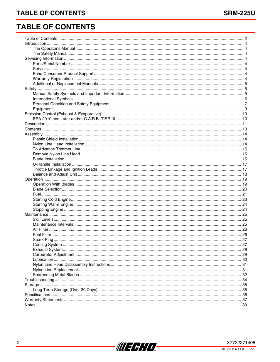 Echo SRM-225U Serial S79012004906 - S79012999999 User Manual | Page 2 / 40