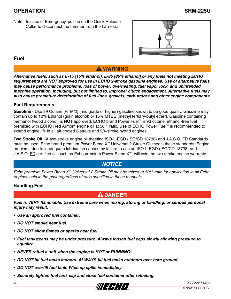 Fuel, Fuel requirements, Handling fuel | Operation srm-225u | Echo SRM-225U Serial S79012004906 - S79012999999 User Manual | Page 20 / 40
