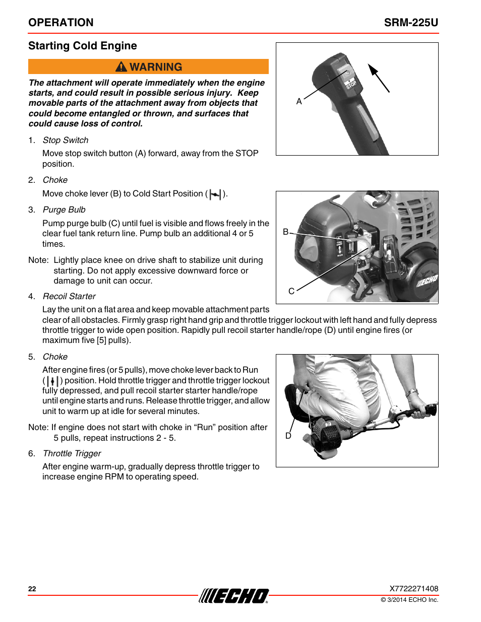 Starting cold engine, Operation srm-225u starting cold engine | Echo SRM-225U Serial S79012004906 - S79012999999 User Manual | Page 22 / 40
