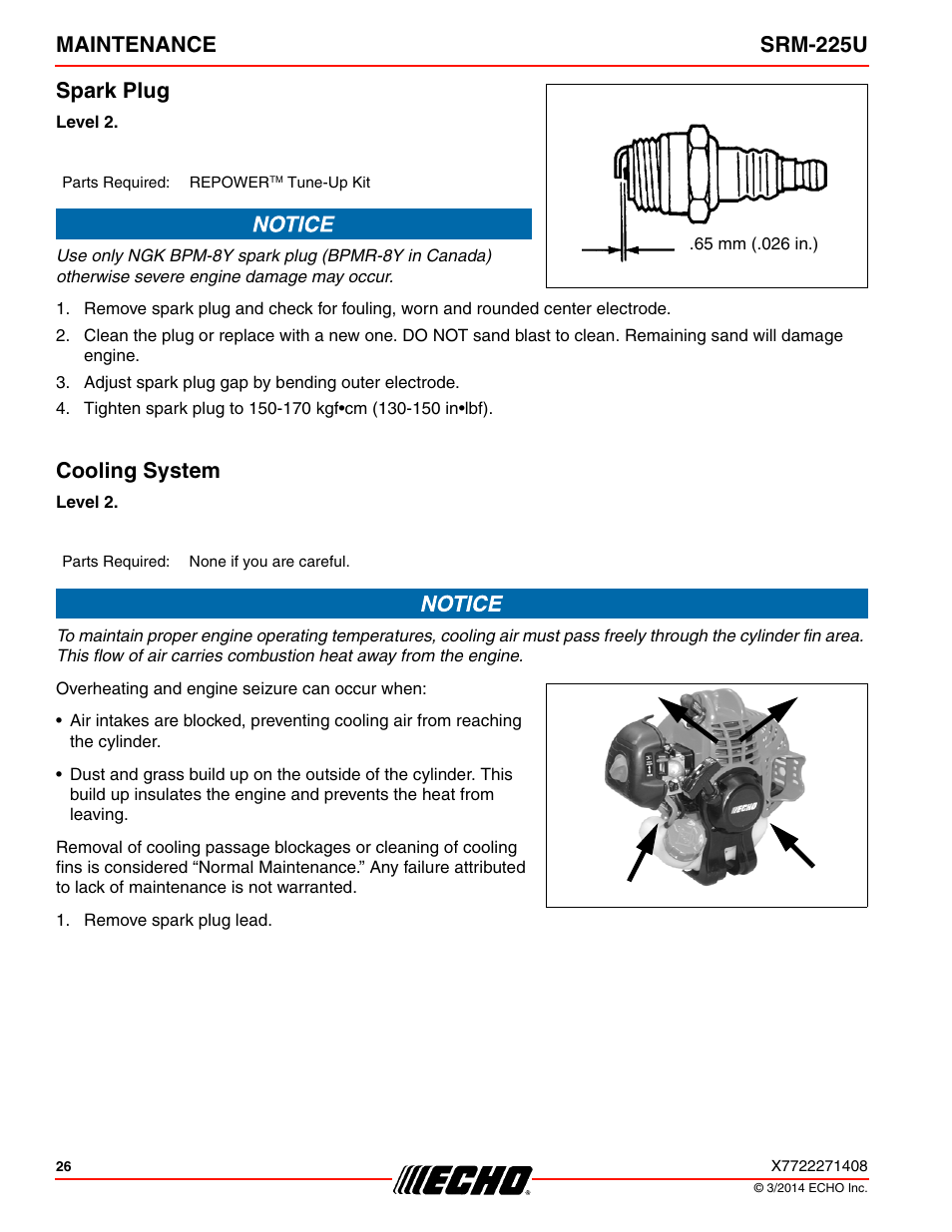 Spark plug, Cooling system, Spark plug cooling system | Maintenance srm-225u spark plug | Echo SRM-225U Serial S79012004906 - S79012999999 User Manual | Page 26 / 40