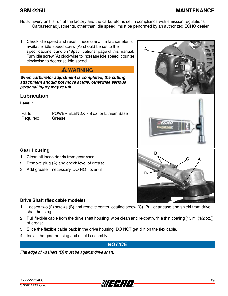 Lubrication, Gear housing, Drive shaft (flex cable models) | Srm-225u maintenance | Echo SRM-225U Serial S79012004906 - S79012999999 User Manual | Page 29 / 40
