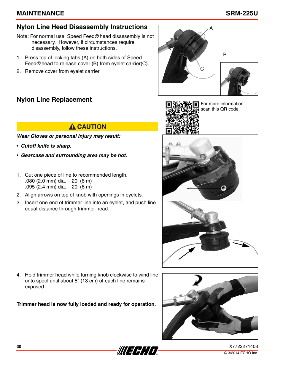 Nylon line head disassembly instructions, Nylon line replacement | Echo SRM-225U Serial S79012004906 - S79012999999 User Manual | Page 30 / 40