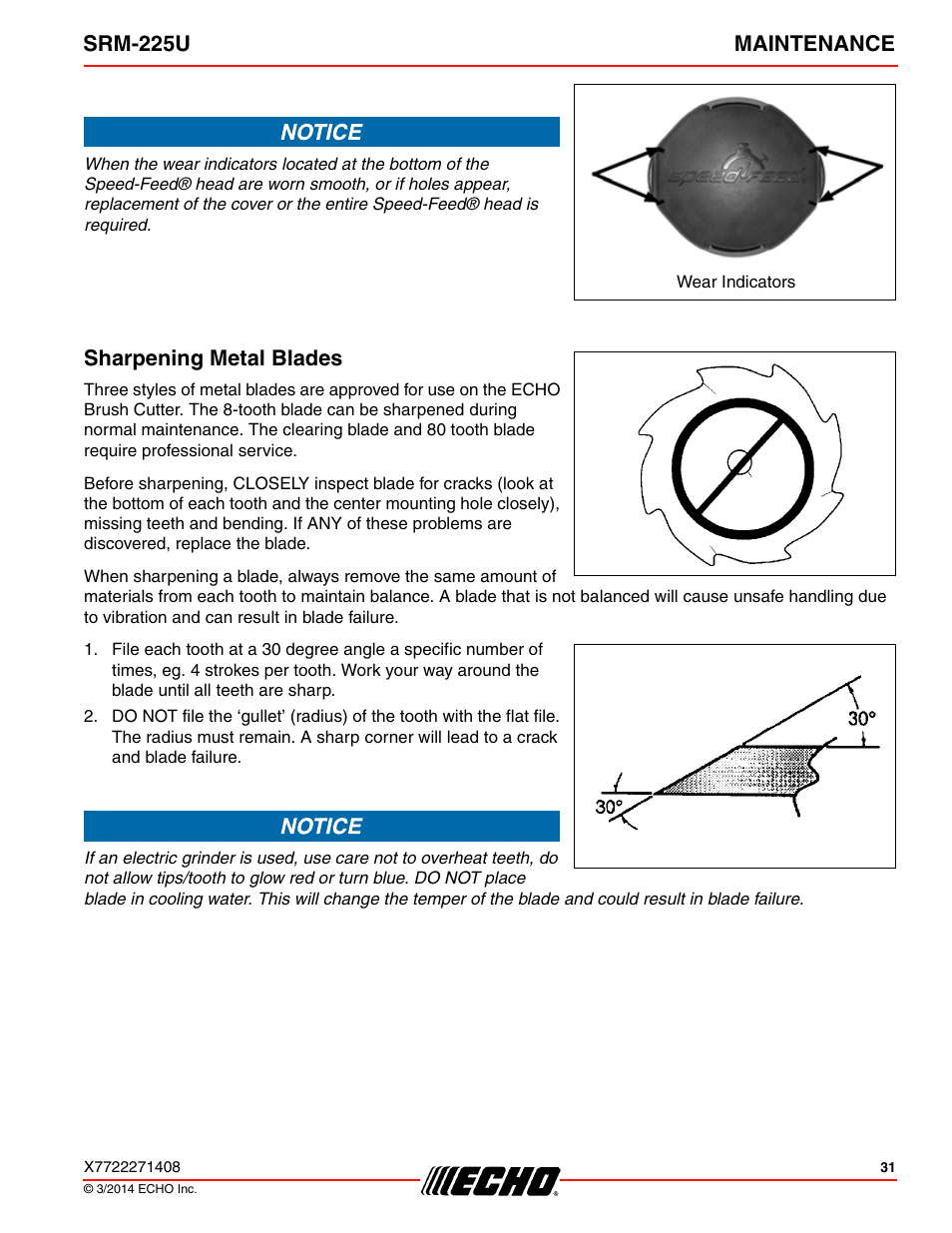 Sharpening metal blades, Srm-225u maintenance | Echo SRM-225U Serial S79012004906 - S79012999999 User Manual | Page 31 / 40