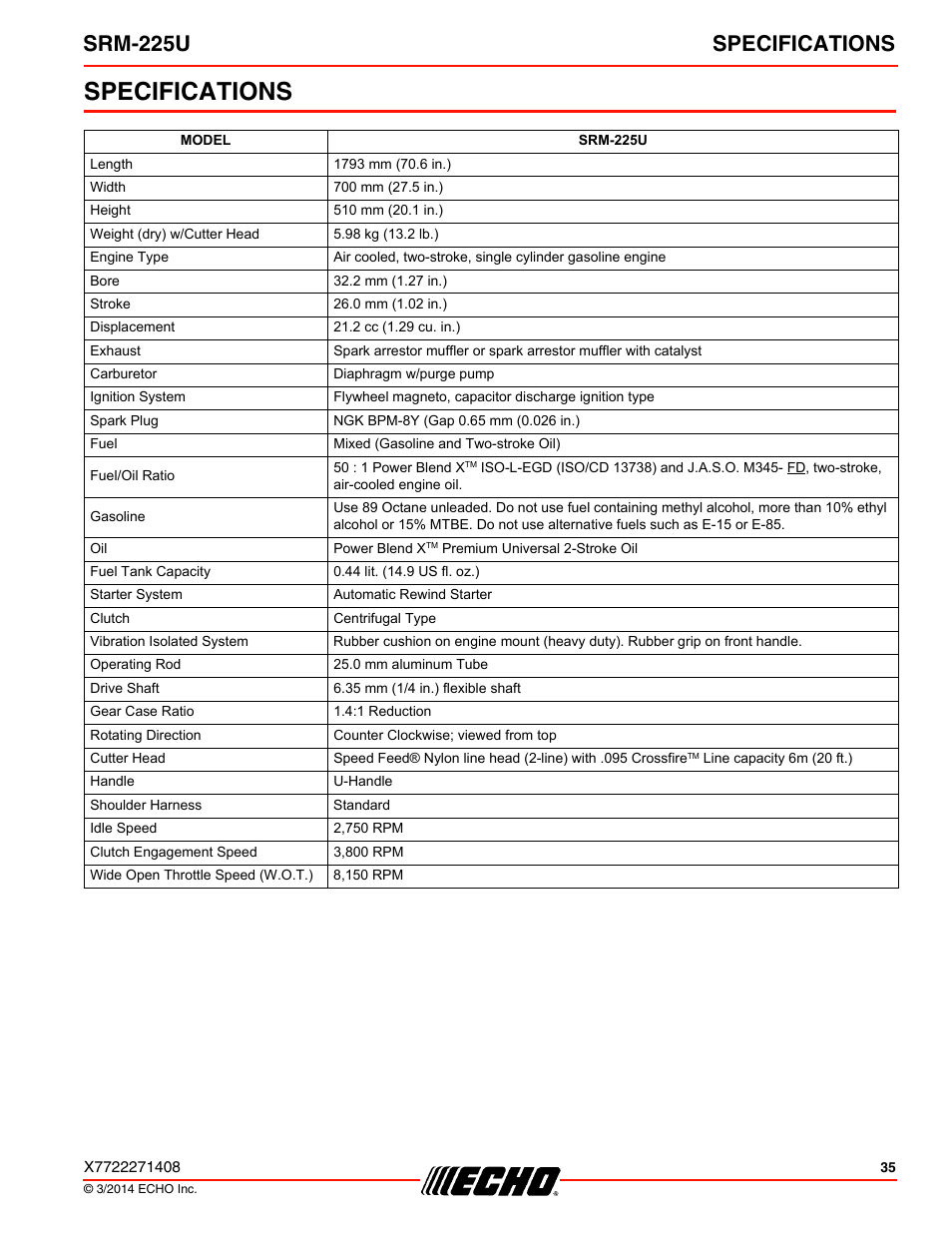 Specifications, Srm-225u specifications | Echo SRM-225U Serial S79012004906 - S79012999999 User Manual | Page 35 / 40