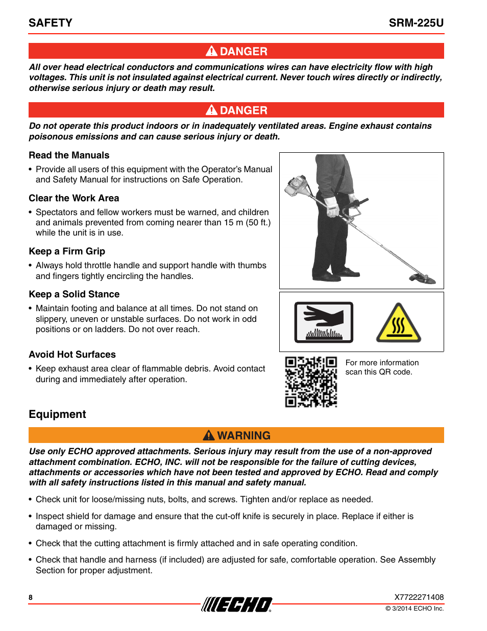 Read the manuals, Clear the work area, Keep a firm grip | Keep a solid stance, Avoid hot surfaces, Equipment, Safety srm-225u | Echo SRM-225U Serial S79012004906 - S79012999999 User Manual | Page 8 / 40