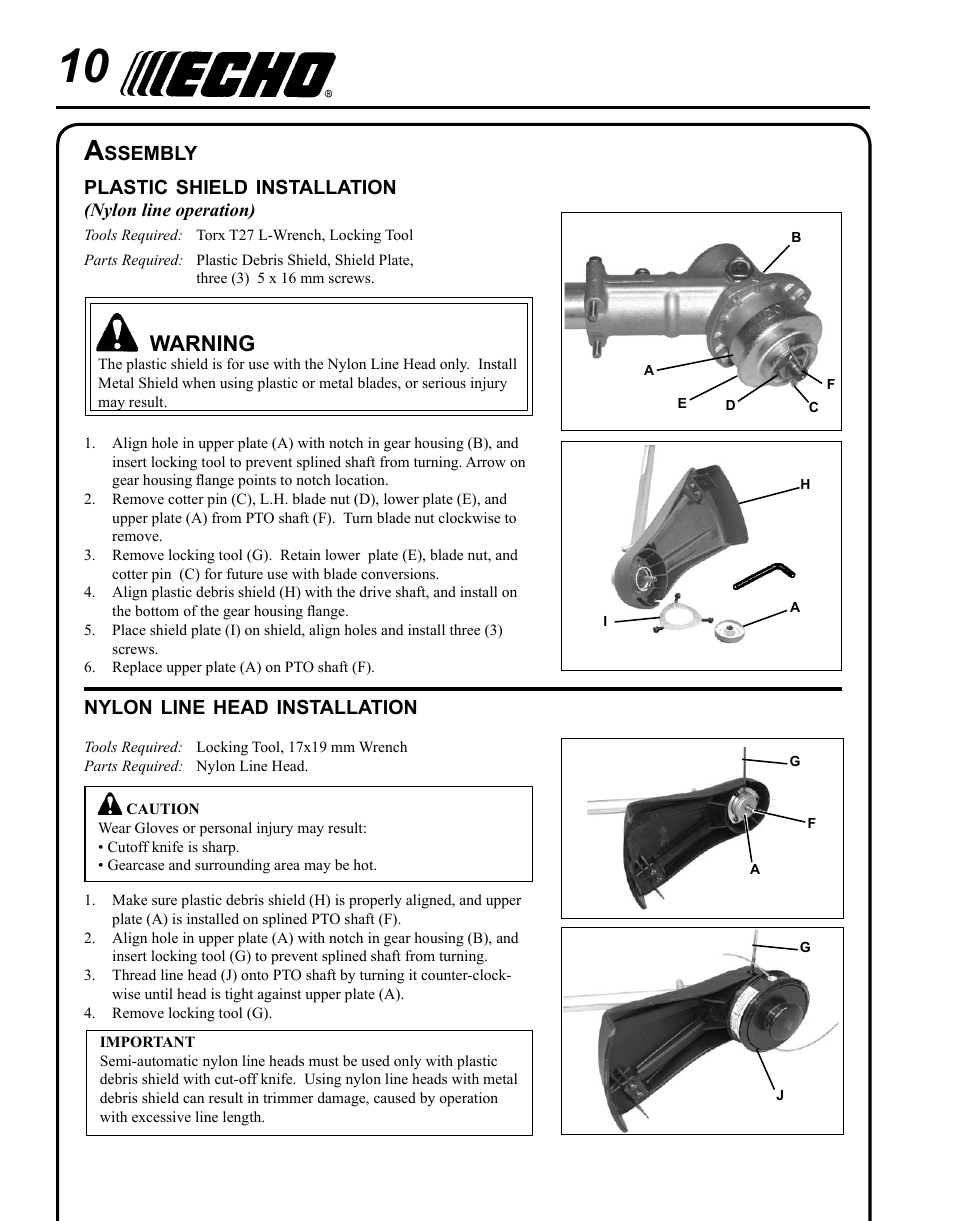 Assembly, Plastic shield installation, Nylon line head installation | Warning | Echo SRM-225U Serial S79012001001 - S79012004905 User Manual | Page 10 / 40