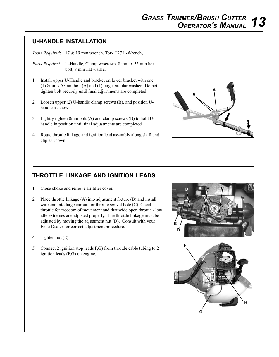 U-handle installation, Throttle linkage and ignition leads | Echo SRM-225U Serial S79012001001 - S79012004905 User Manual | Page 13 / 40