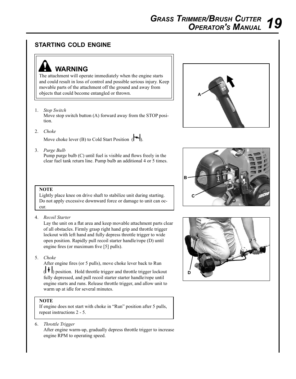 Starting cold engine | Echo SRM-225U Serial S79012001001 - S79012004905 User Manual | Page 19 / 40