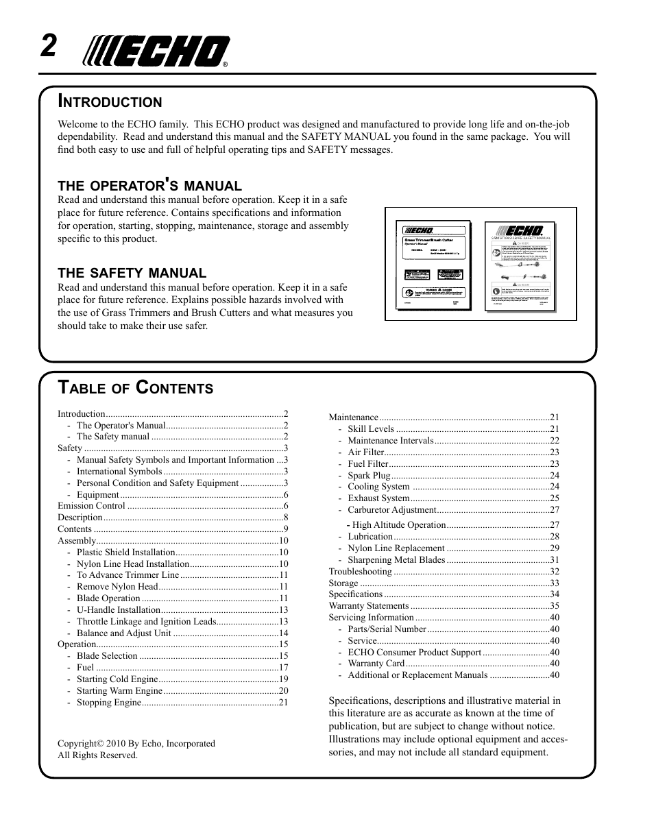 Echo SRM-225U Serial S79012001001 - S79012004905 User Manual | Page 2 / 40