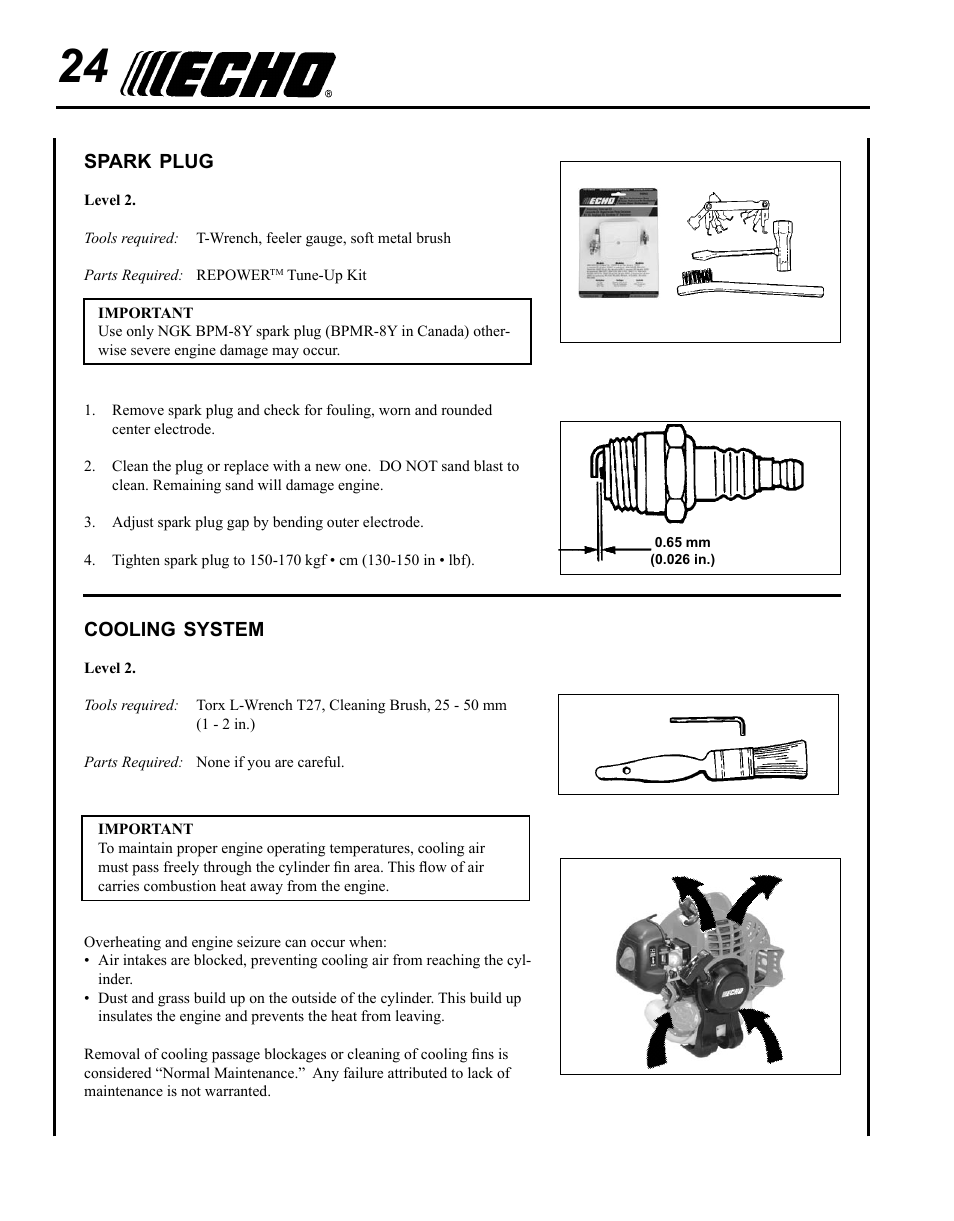 Spark plug, Cooling system | Echo SRM-225U Serial S79012001001 - S79012004905 User Manual | Page 24 / 40