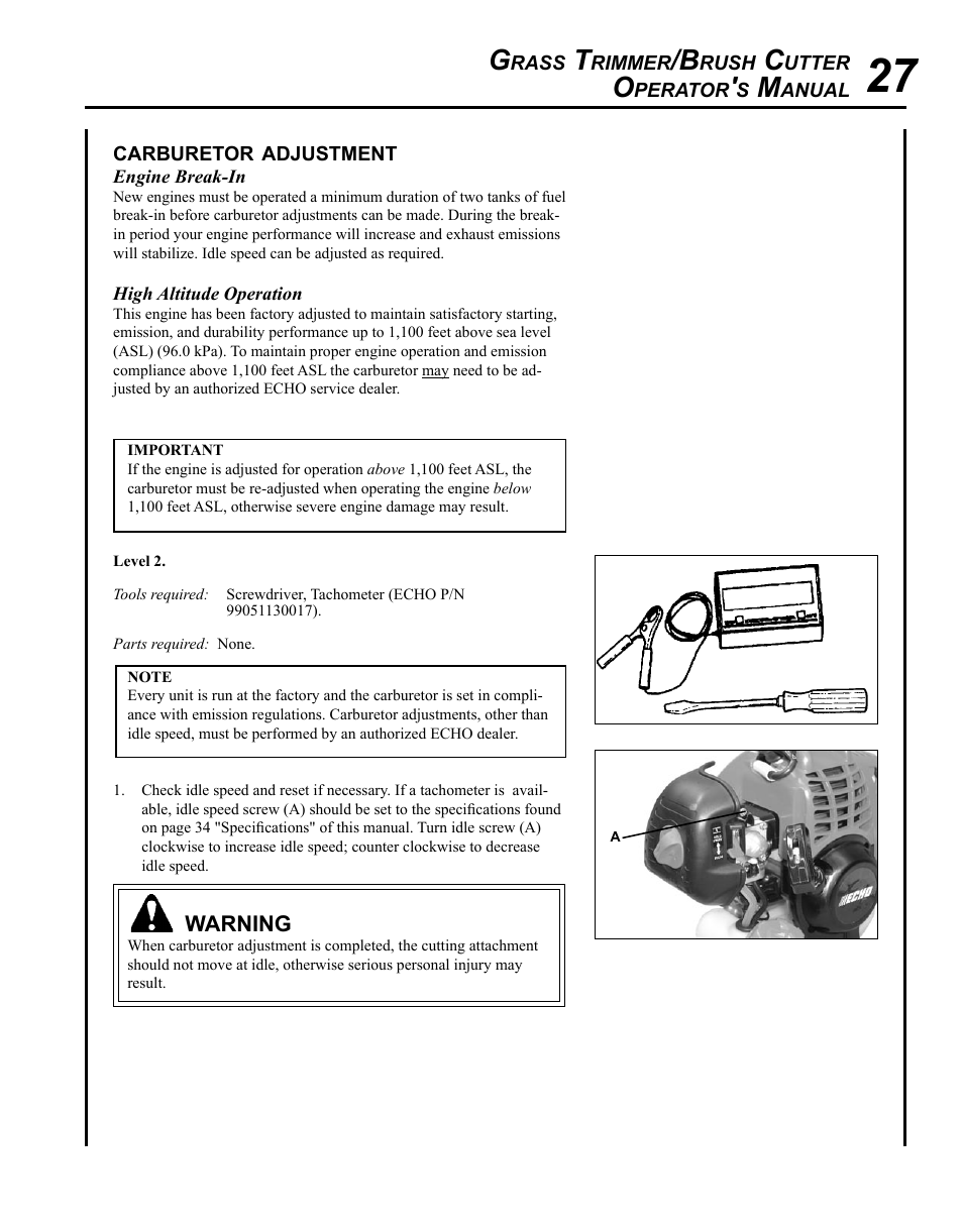 Carburetor adjustment | Echo SRM-225U Serial S79012001001 - S79012004905 User Manual | Page 27 / 40