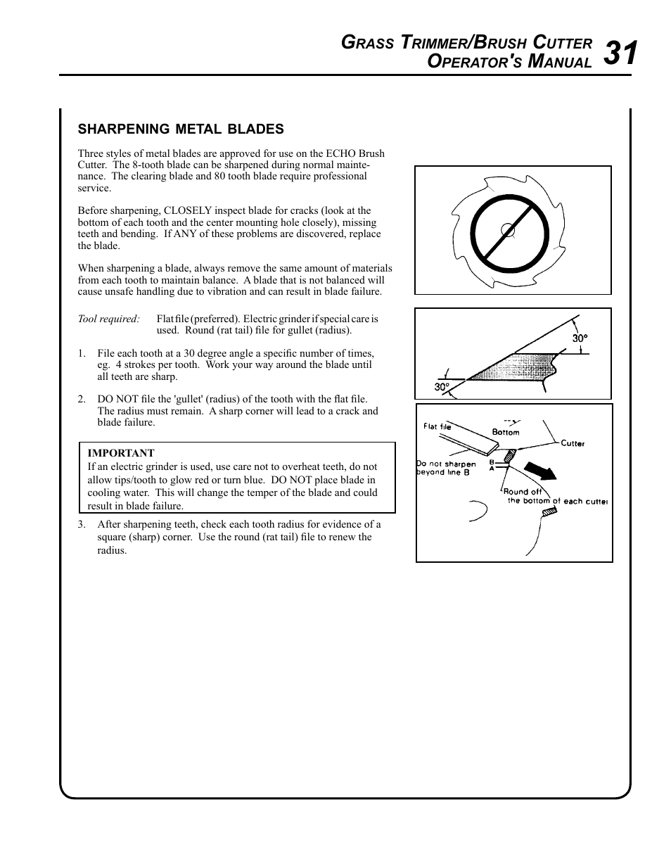 Sharpening metal blades | Echo SRM-225U Serial S79012001001 - S79012004905 User Manual | Page 31 / 40