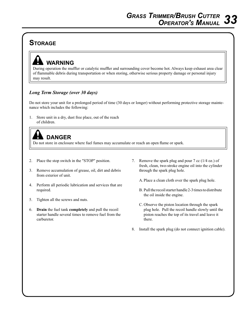 Storage | Echo SRM-225U Serial S79012001001 - S79012004905 User Manual | Page 33 / 40