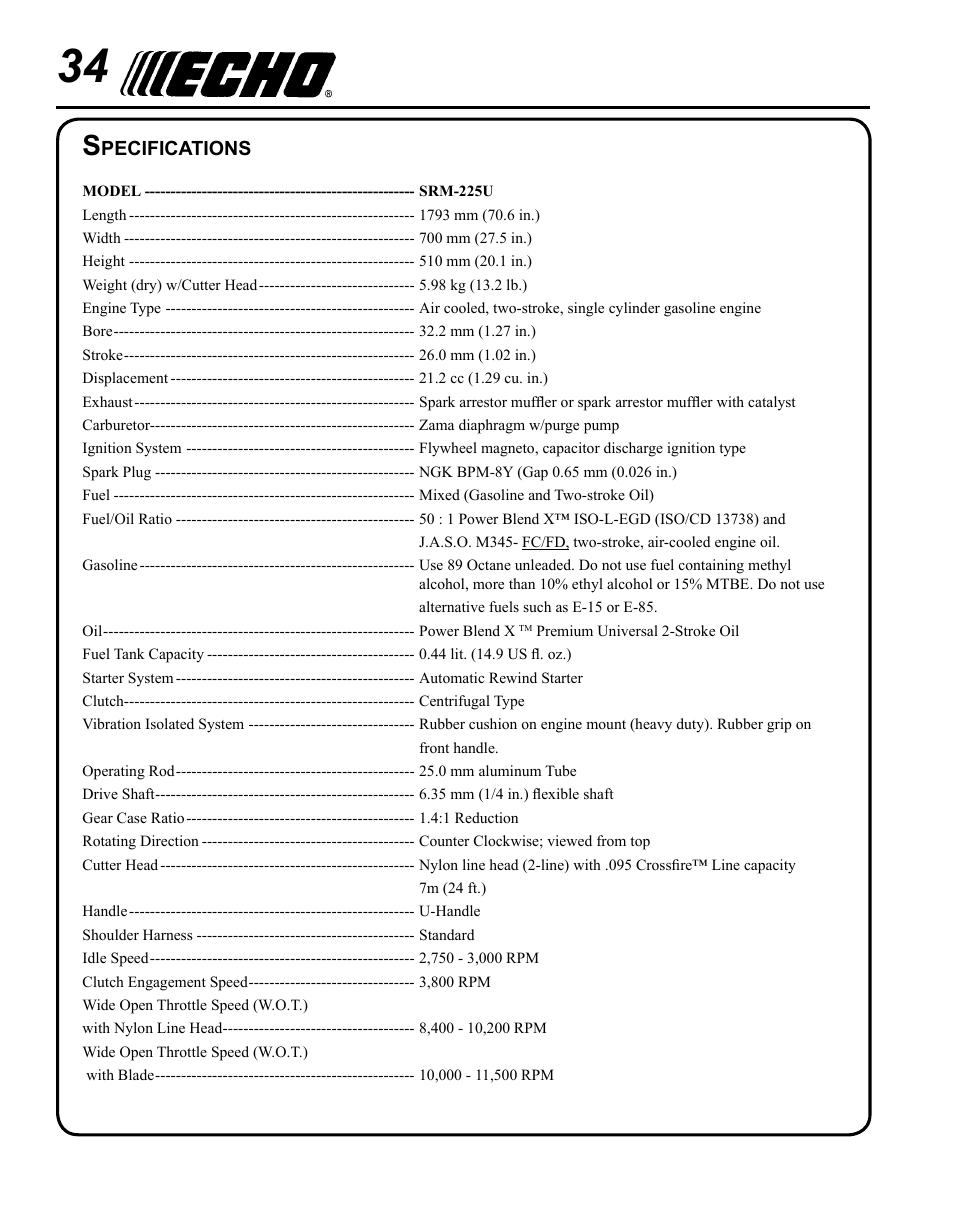 Specifications | Echo SRM-225U Serial S79012001001 - S79012004905 User Manual | Page 34 / 40