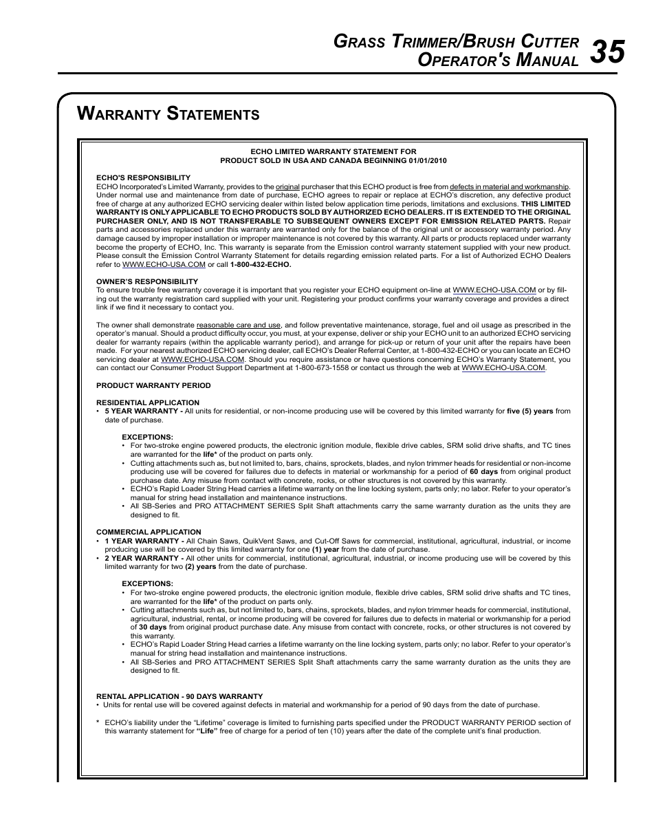 Rass, Rimmer, Rush | Utter, Perator, Anual, Arranty, Tatements | Echo SRM-225U Serial S79012001001 - S79012004905 User Manual | Page 35 / 40