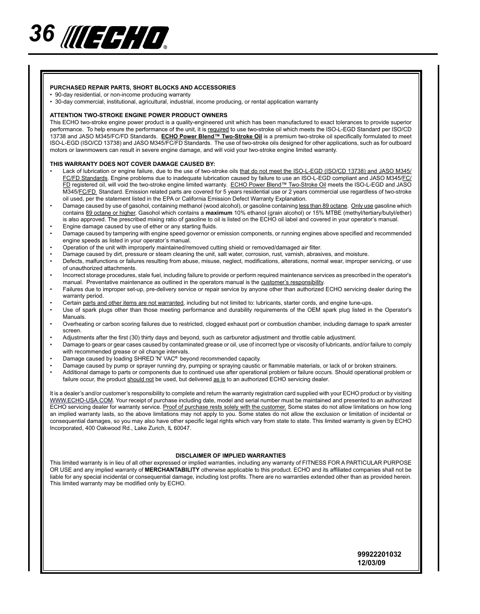 Echo SRM-225U Serial S79012001001 - S79012004905 User Manual | Page 36 / 40