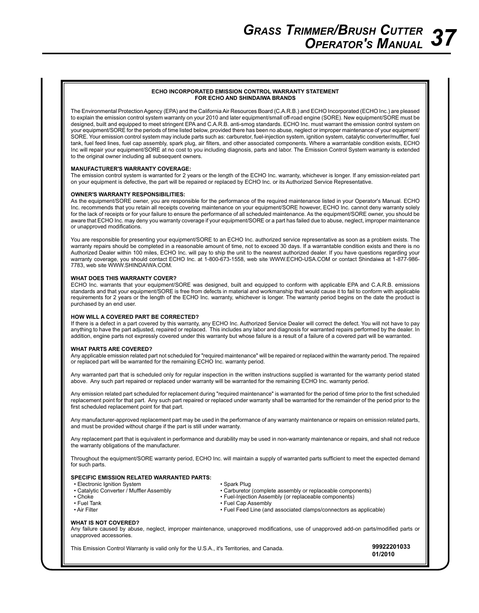 Rass, Rimmer, Rush | Utter, Perator, Anual | Echo SRM-225U Serial S79012001001 - S79012004905 User Manual | Page 37 / 40