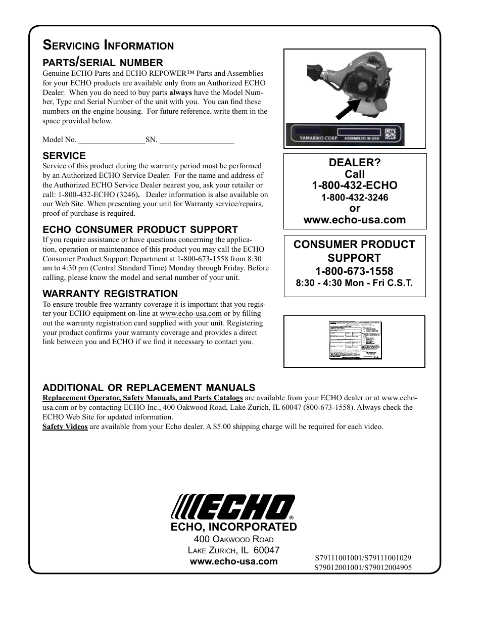 Servicing information | Echo SRM-225U Serial S79012001001 - S79012004905 User Manual | Page 40 / 40