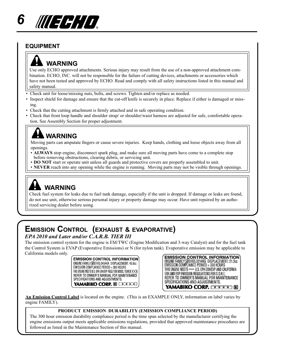 Echo SRM-225U Serial S79012001001 - S79012004905 User Manual | Page 6 / 40