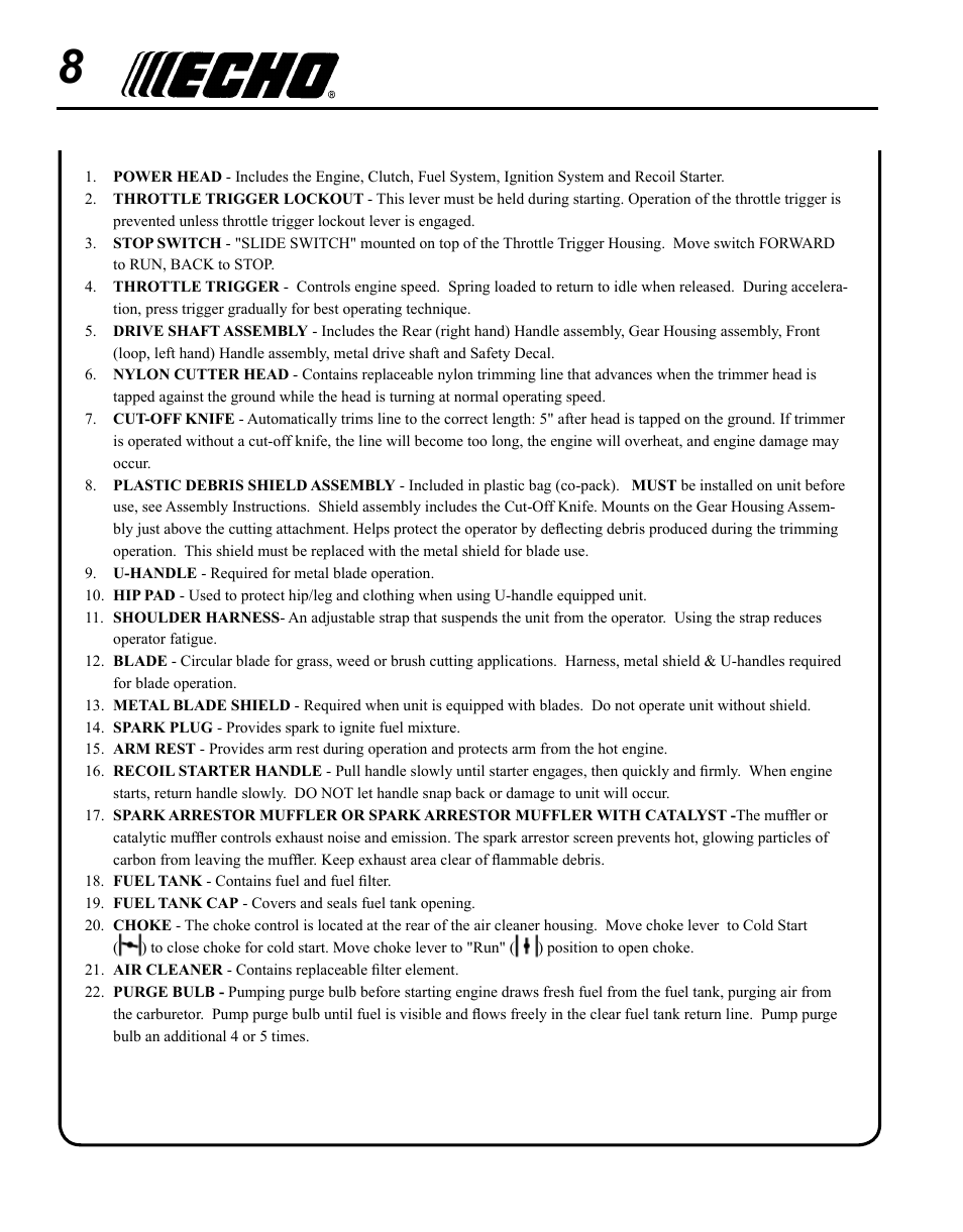 Echo SRM-225U Serial S79012001001 - S79012004905 User Manual | Page 8 / 40