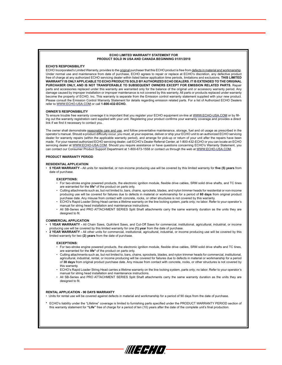 Warranty statements, Cs-352 warranty statements | Echo CS-352 User Manual | Page 39 / 44