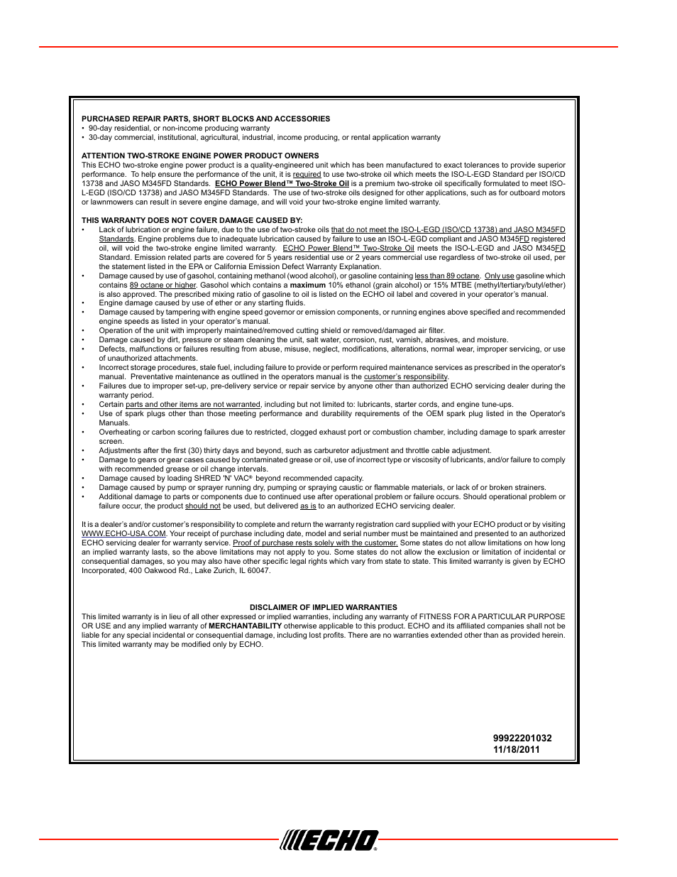 Warranty statements cs-352 | Echo CS-352 User Manual | Page 40 / 44