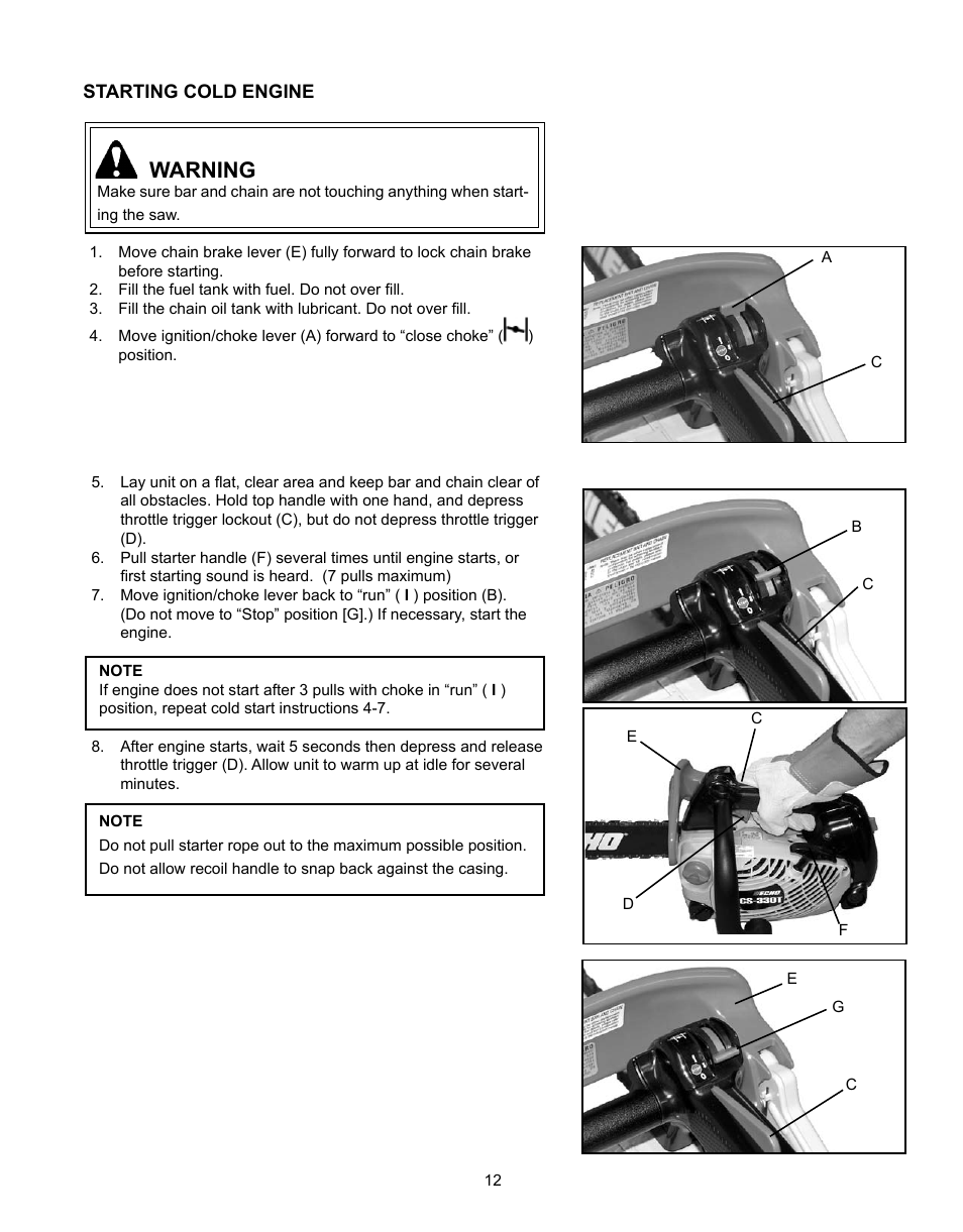 Starting cold engine, Warning | Echo CS-360T Serial C04412001001 - C04412999999 User Manual | Page 12 / 32