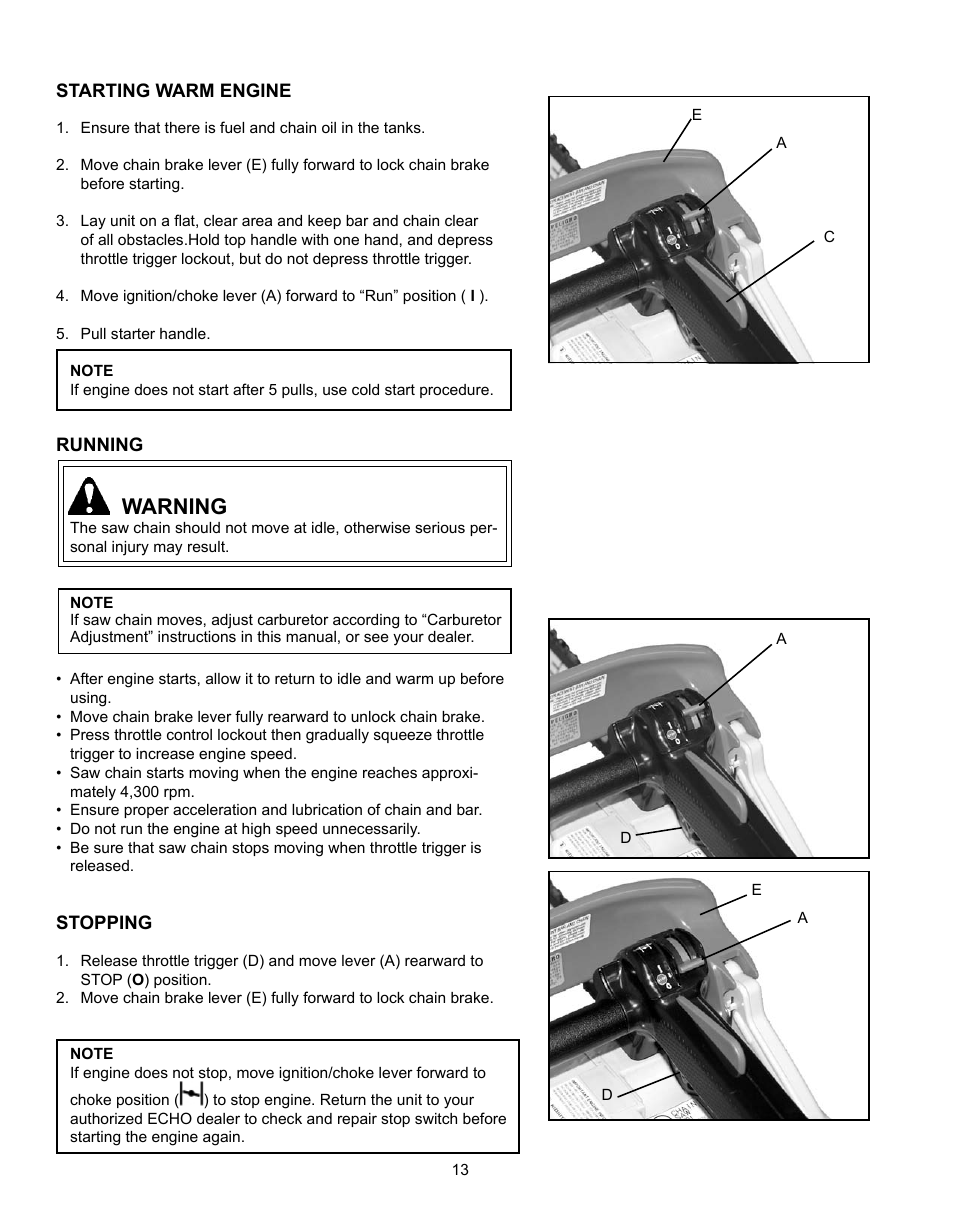 Starting warm engine, Running, Stopping | Warning | Echo CS-360T Serial C04412001001 - C04412999999 User Manual | Page 13 / 32