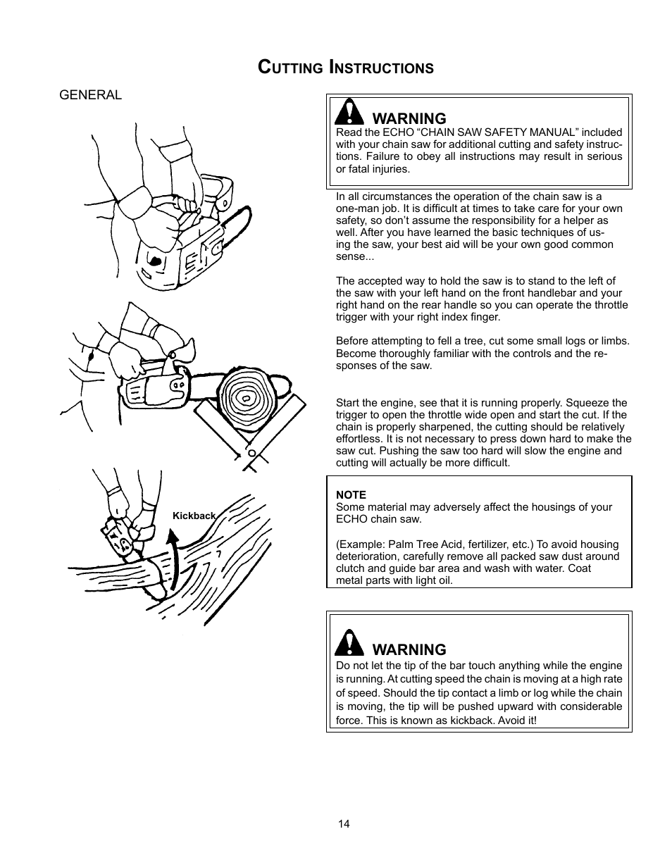Warning | Echo CS-360T Serial C04412001001 - C04412999999 User Manual | Page 14 / 32