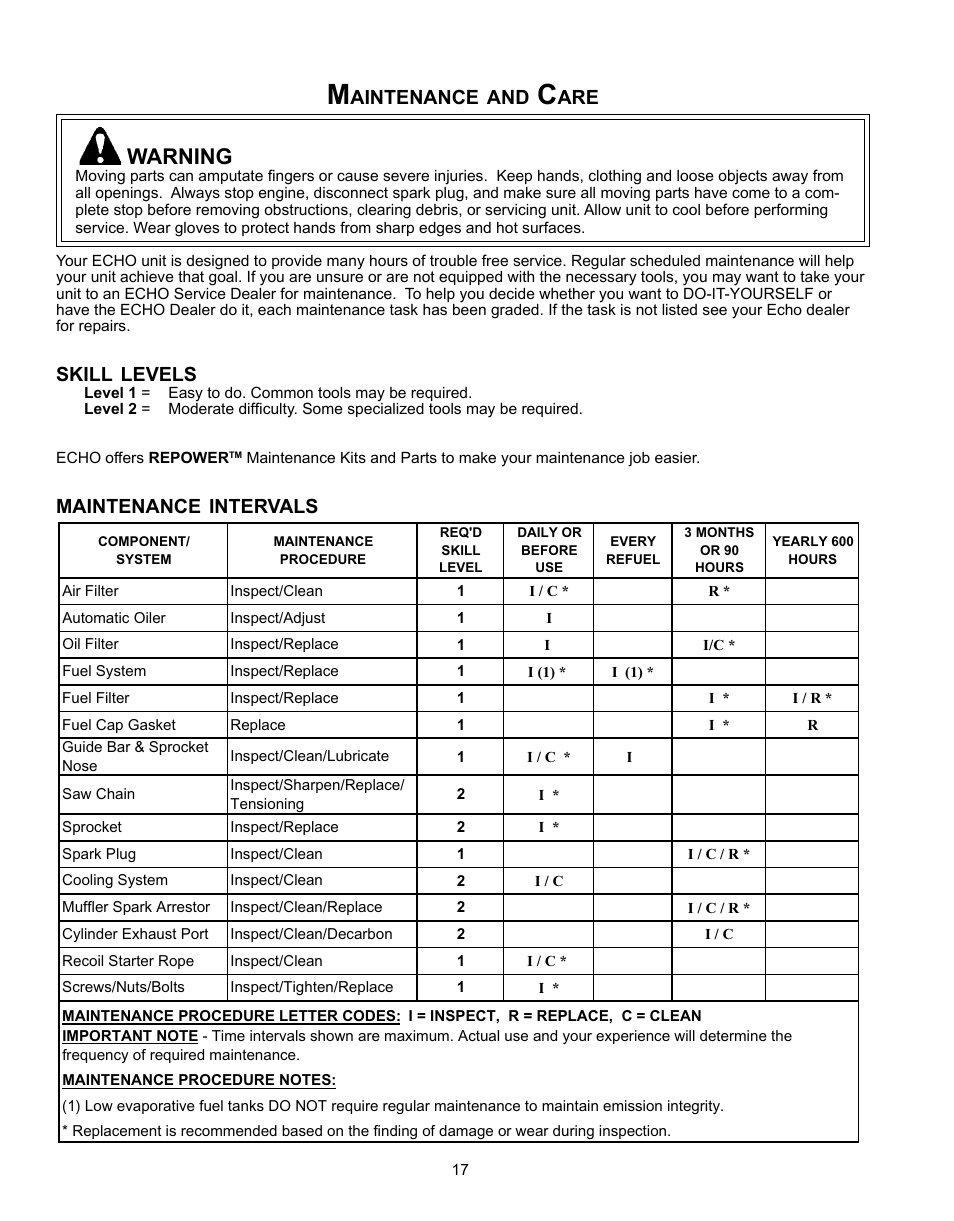 Maintenance and care, Warning | Echo CS-360T Serial C04412001001 - C04412999999 User Manual | Page 17 / 32