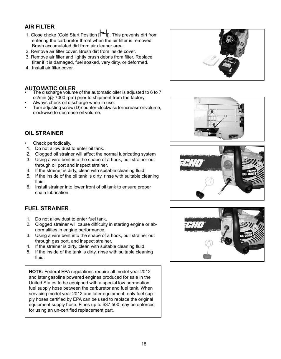 Air filter, Automatic oiler, Oil strainer | Fuel strainer, Guide bars and oil holes | Echo CS-360T Serial C04412001001 - C04412999999 User Manual | Page 18 / 32