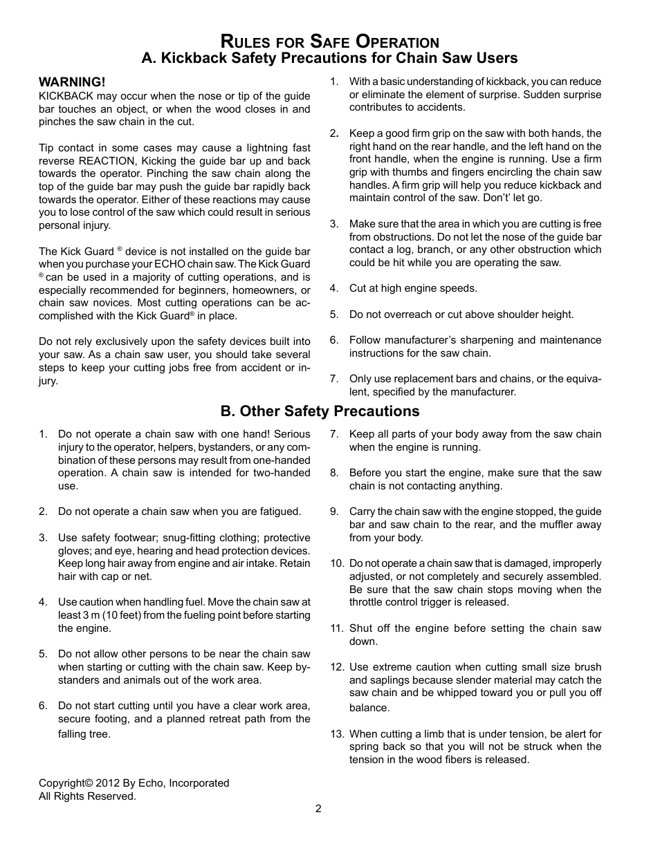 Rules for safe operation, A. kickback safety precautions for chain saw users, B. other safety precautions | Echo CS-360T Serial C04412001001 - C04412999999 User Manual | Page 2 / 32