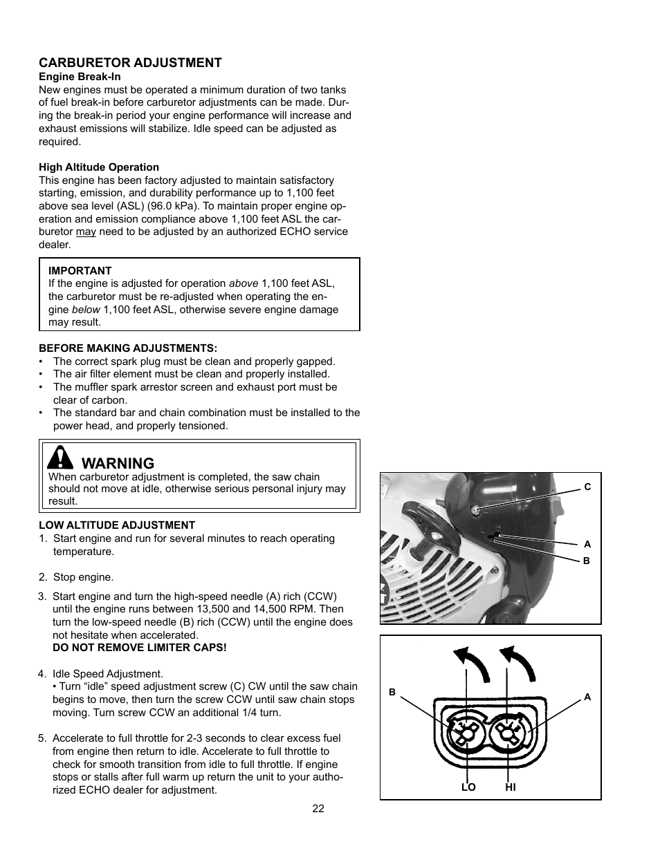 Warning | Echo CS-360T Serial C04412001001 - C04412999999 User Manual | Page 22 / 32