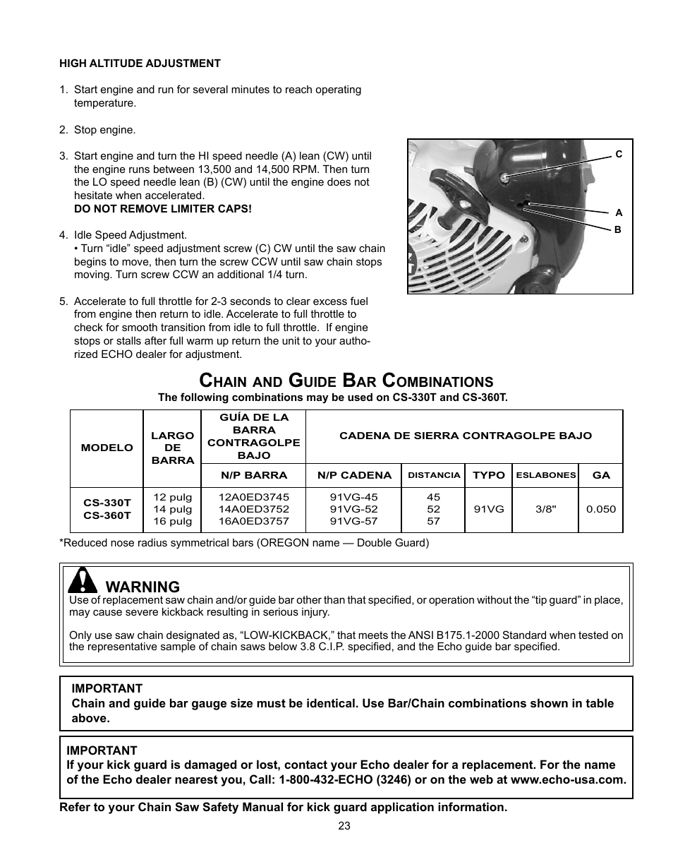 Carburetor adjustment, Warning | Echo CS-360T Serial C04412001001 - C04412999999 User Manual | Page 23 / 32