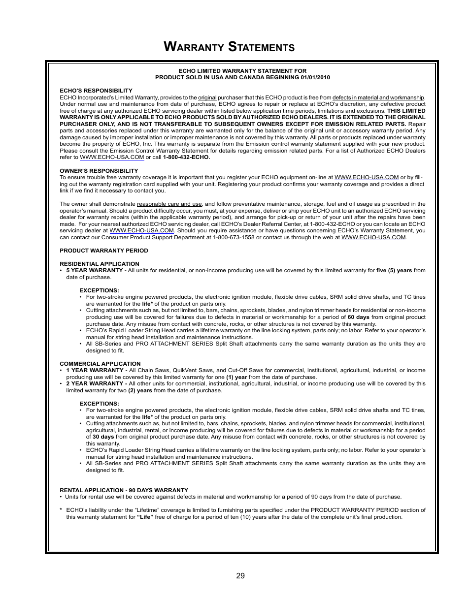 Warranty statements, Arranty, Tatements | Echo CS-360T Serial C04412001001 - C04412999999 User Manual | Page 29 / 32