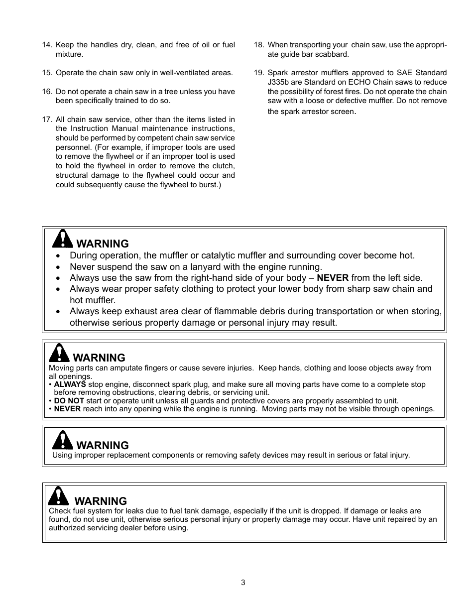 Warning | Echo CS-360T Serial C04412001001 - C04412999999 User Manual | Page 3 / 32
