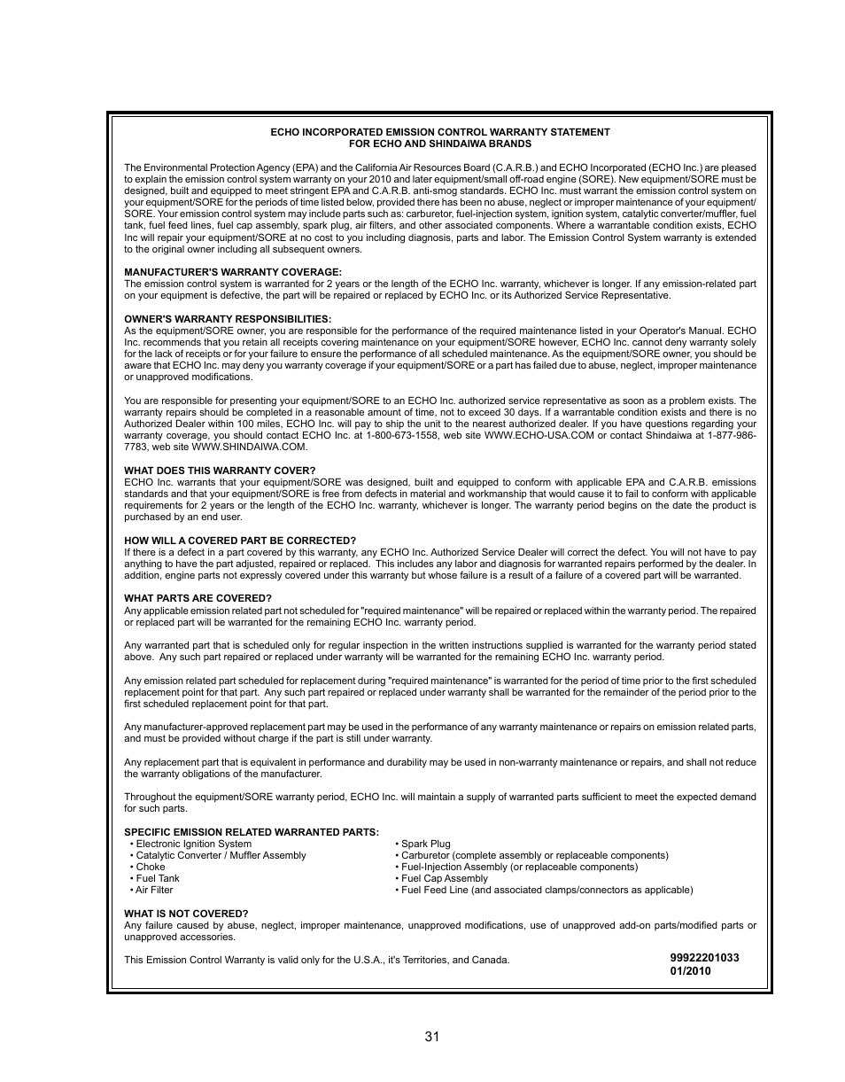 Echo CS-360T Serial C04412001001 - C04412999999 User Manual | Page 31 / 32