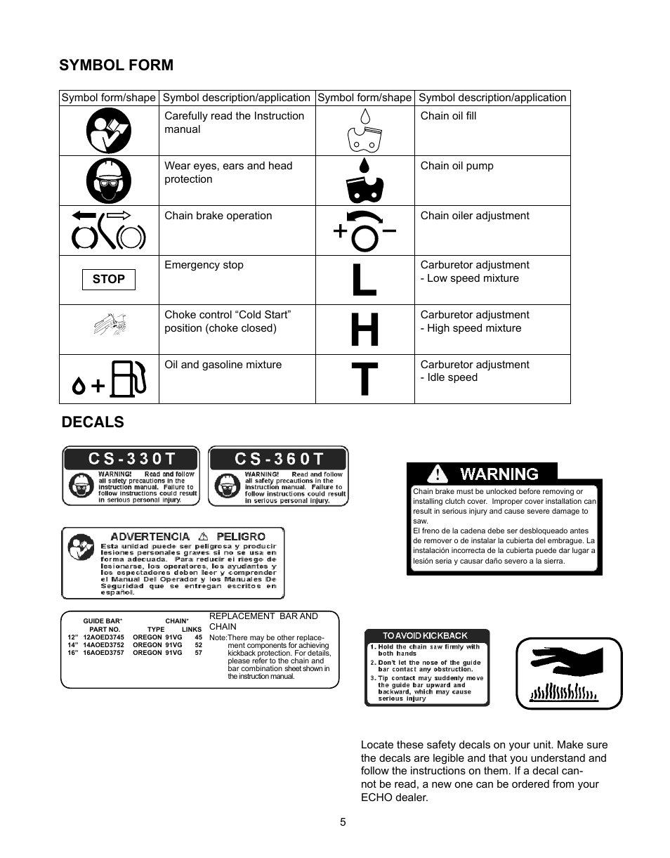 Technical data, Symbol form, Decals | Stop | Echo CS-360T Serial C04412001001 - C04412999999 User Manual | Page 5 / 32