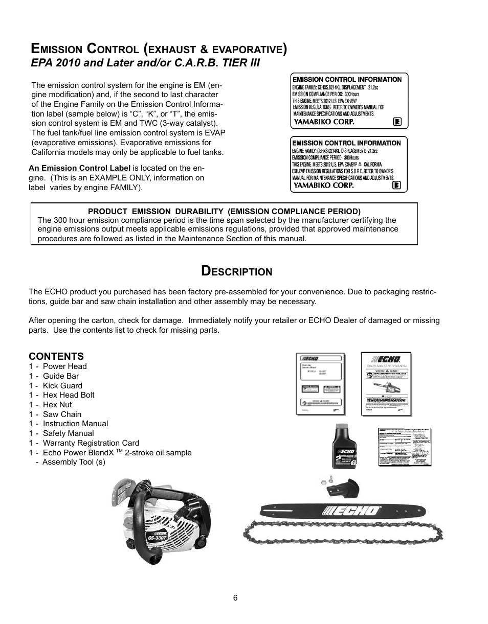 Emission data, Emission control (exhaust & evaporative), Epa 2010 and later and/or c.a.r.b. tier iii | Echo CS-360T Serial C04412001001 - C04412999999 User Manual | Page 6 / 32