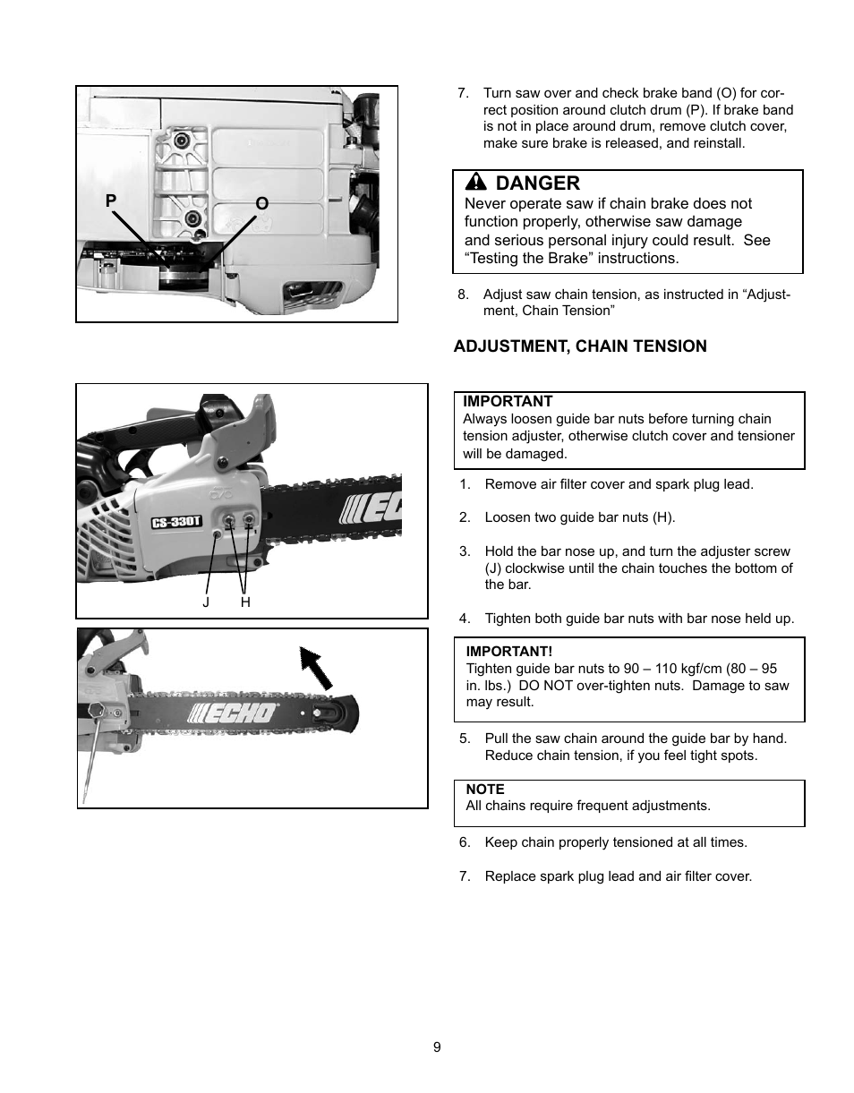 Adjustment, chain tension, Danger | Echo CS-360T Serial C04412001001 - C04412999999 User Manual | Page 9 / 32