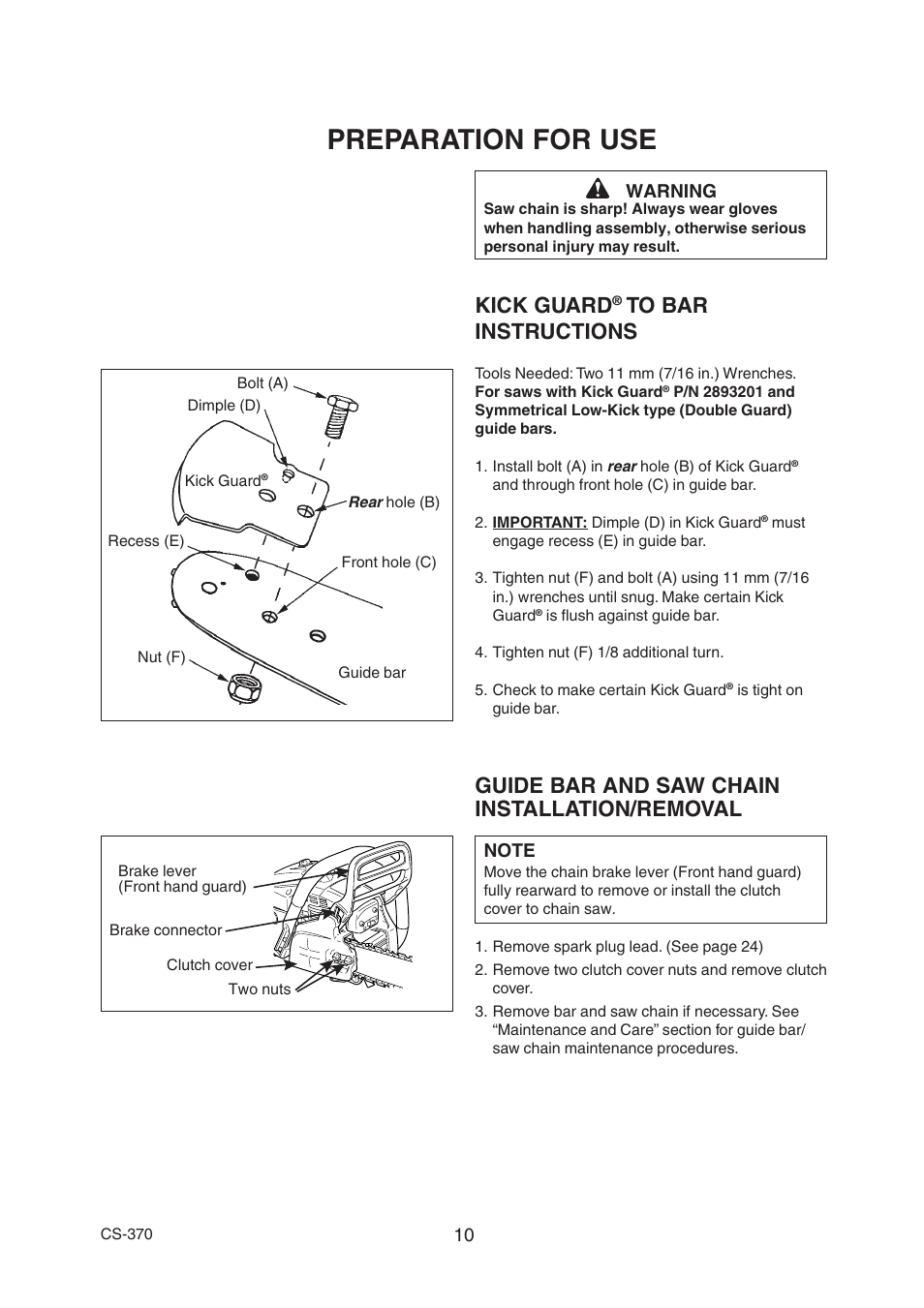 Preparation for use, Kick guard, Guide bar and saw chain installation/removal | Echo CS-370 Serial 09014533 - 09999999 User Manual | Page 12 / 32