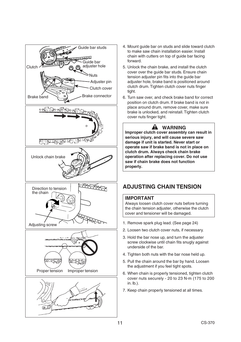 Adjusting chain tension | Echo CS-370 Serial 09014533 - 09999999 User Manual | Page 13 / 32