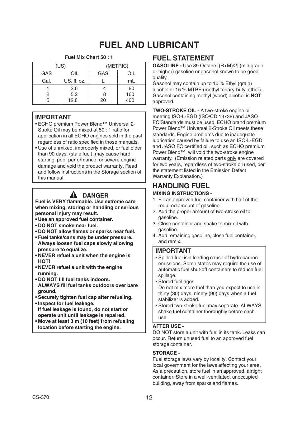 Fuel and lubricant, Fuel statement, Handling fuel | Echo CS-370 Serial 09014533 - 09999999 User Manual | Page 14 / 32