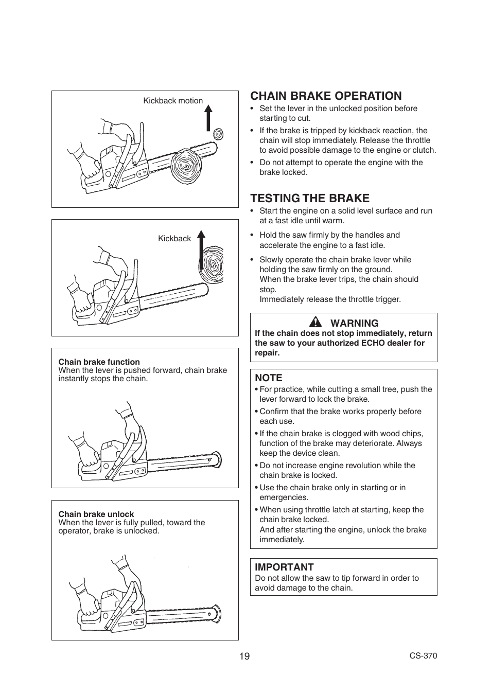 Chain brake operation, Testing the brake | Echo CS-370 Serial 09014533 - 09999999 User Manual | Page 21 / 32