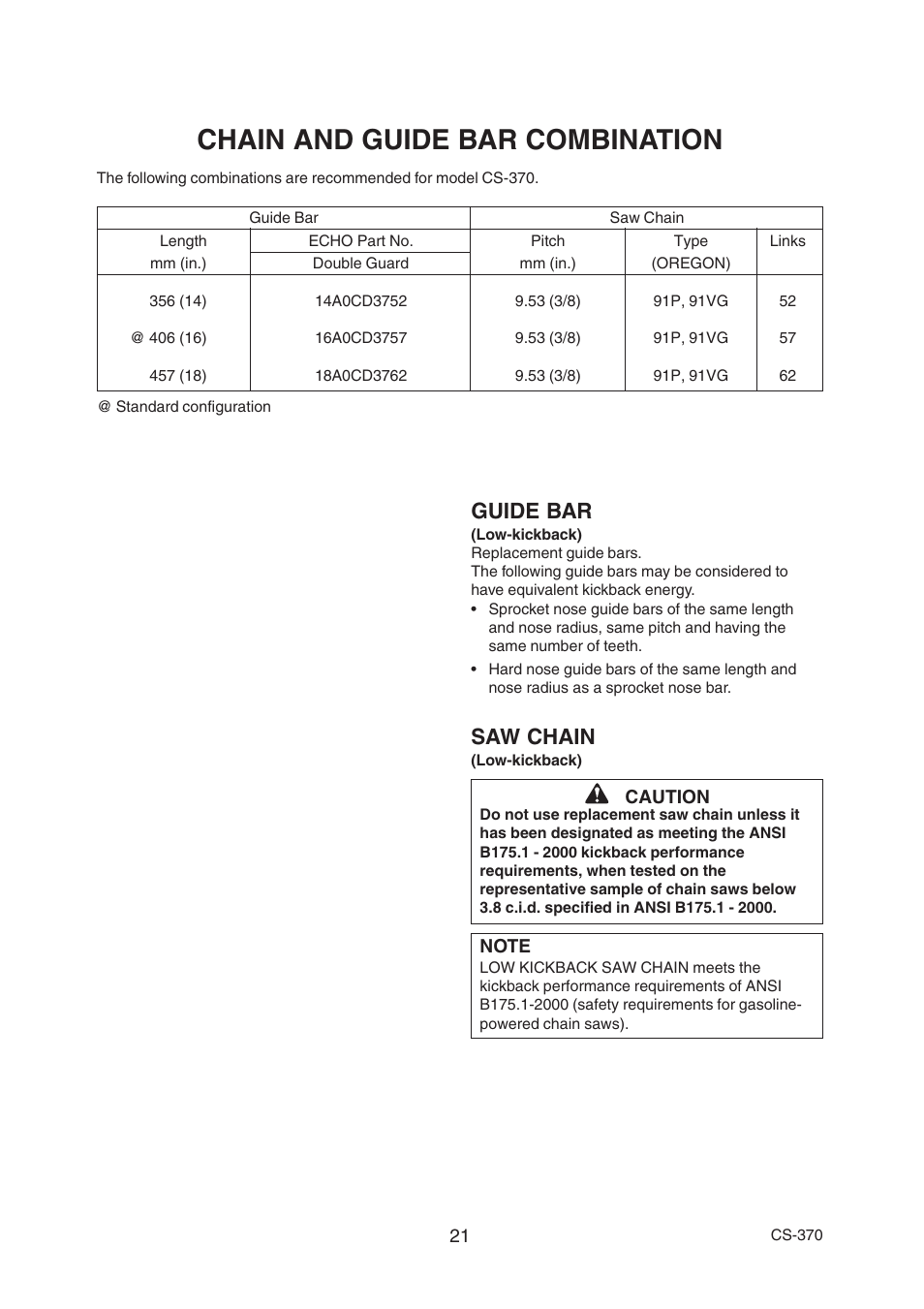 Chain and guide bar combination, Guide bar, Saw chain | Echo CS-370 Serial 09014533 - 09999999 User Manual | Page 23 / 32