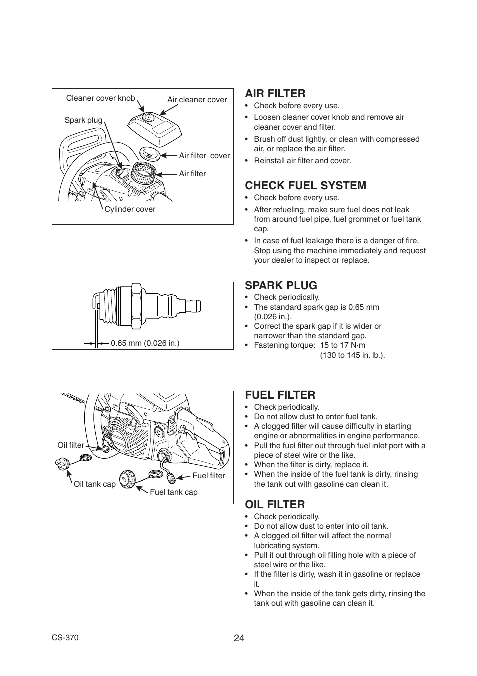 Air filter, Check fuel system, Spark plug | Fuel filter, Oil filter | Echo CS-370 Serial 09014533 - 09999999 User Manual | Page 26 / 32