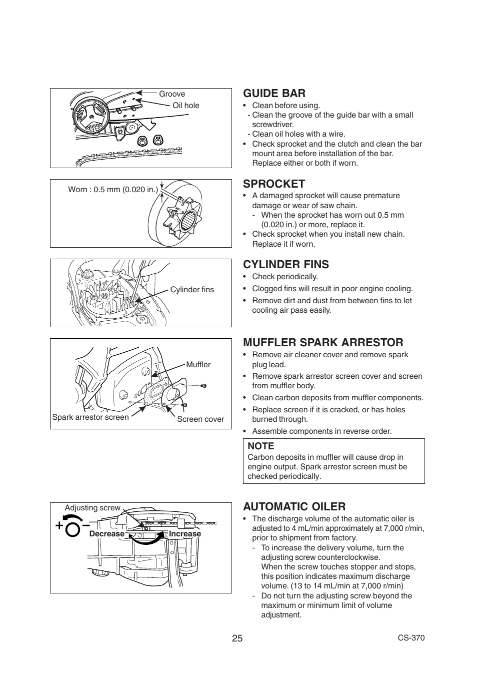 Guide bar, Sprocket, Cylinder fins | Muffler spark arrestor, Automatic oiler | Echo CS-370 Serial 09014533 - 09999999 User Manual | Page 27 / 32